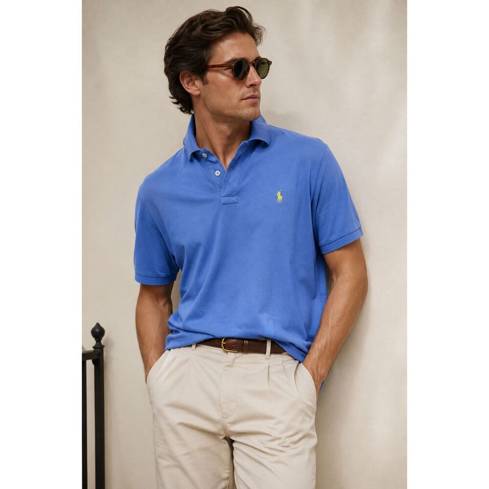 Polo Ralph Lauren Classic Fit Polo Shirt Blue Yellow Pony Men's Large L Cotton - Picture 2 of 10